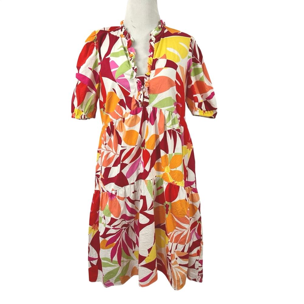 London Times Tropical Floral Ruffle Tiered Midi Dress Multicolor Women’s 8